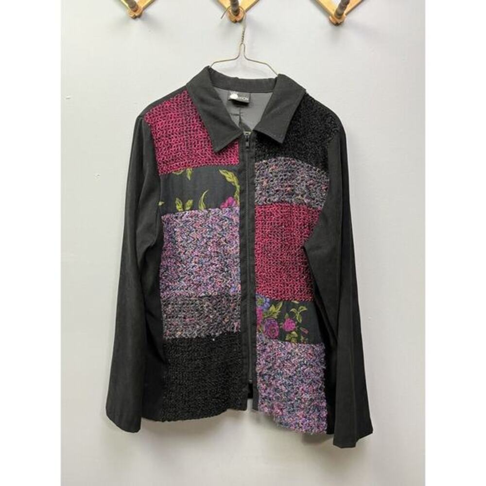 First Option Patchwork Jacket Womens Black Multicolor Floral Textured Zip‎ Front